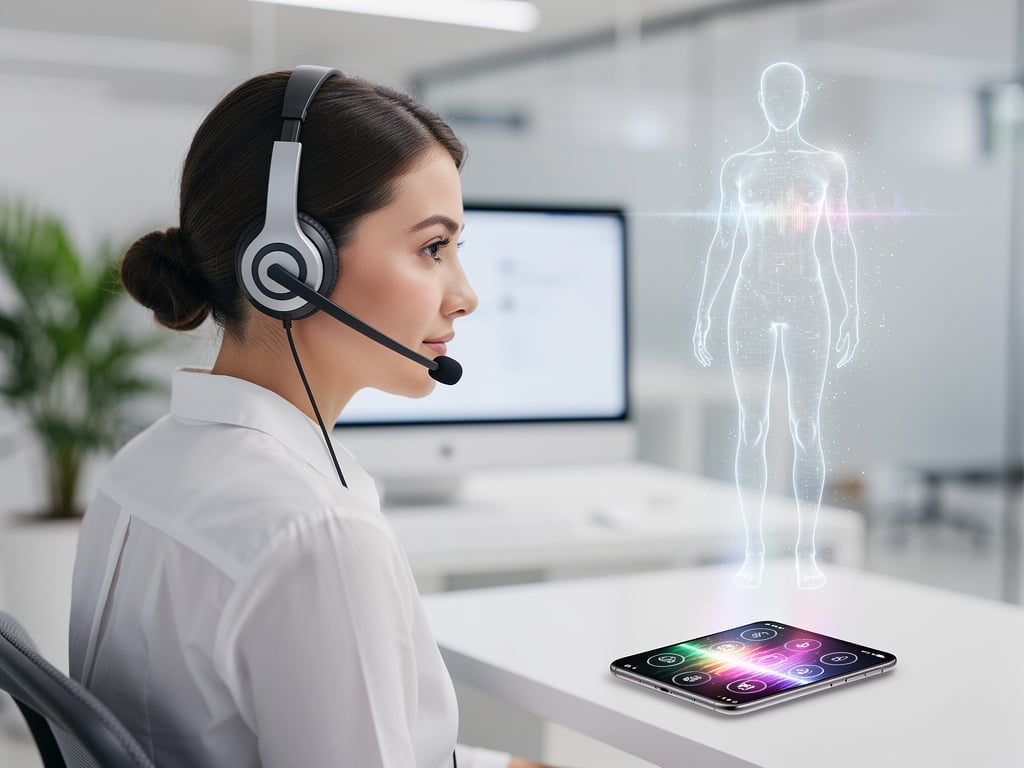 Virtual healthcare assistant using headset with holographic human body from smartphone in modern medical office