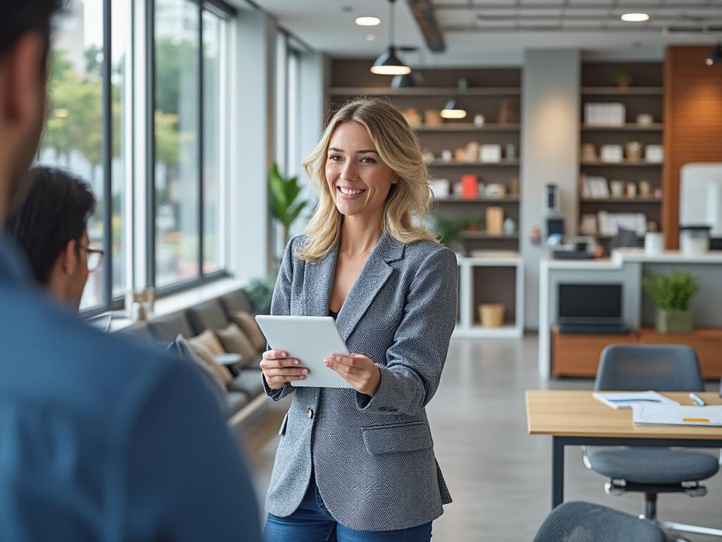 Mujer sonriendo con una tablet en oficina moderna con estanterías y ventanas grandes.
