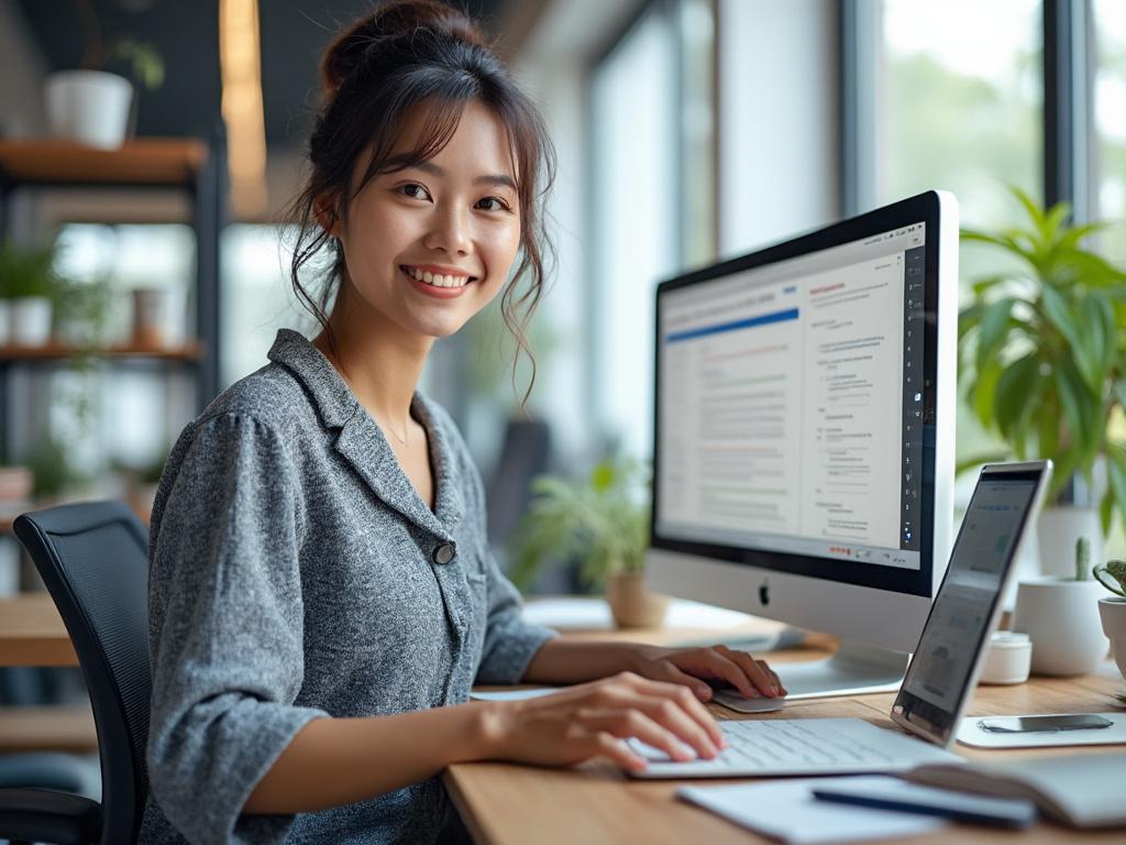 Mujer sonriendo mientras trabaja en una computadora de escritorio en una oficina moderna con plantas de fondo. Mujer sonriendo mientras trabaja en una computadora de escritorio en una oficina moderna con plantas de fondo.