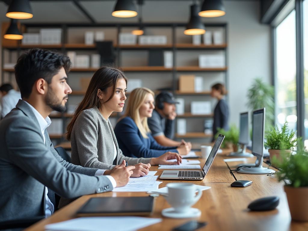 Grupo de personas trabajando en una oficina moderna con laptops y plantas.