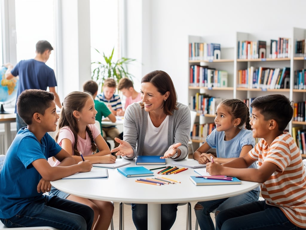 Maestra sonriente guiando a niños en una actividad de aprendizaje en aula moderna con libros y material escolar