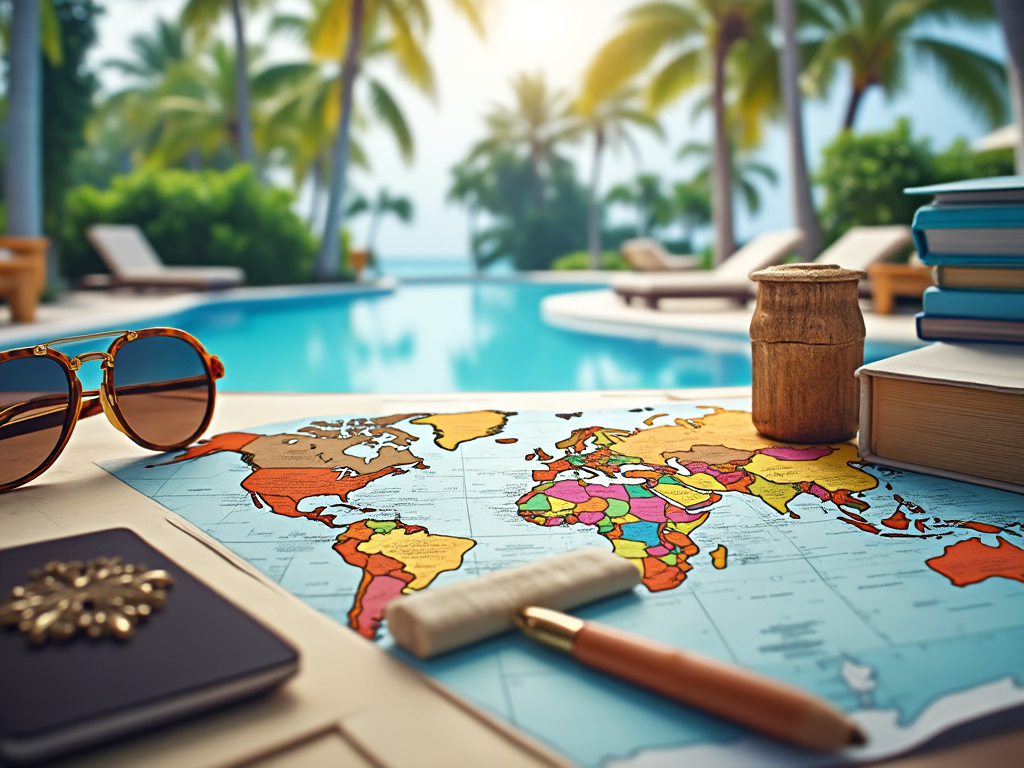 Mapa del mundo en una mesa junto a gafas de sol y libros, con una piscina y palmeras al fondo.