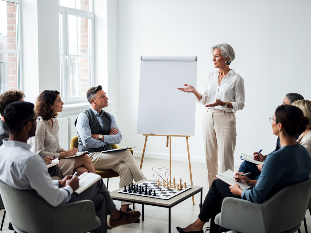 Senior businesswoman leading a strategy workshop with diverse professionals, flip chart, and chessboard in a modern office