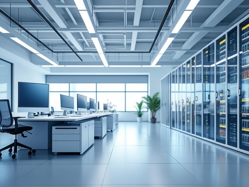 Oficina moderna con estaciones de trabajo y servidores en un ambiente iluminado y minimalista.
