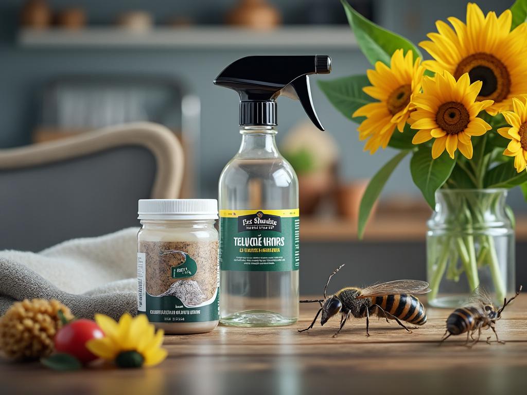 Natural pest control spray bottle and jar on wooden table with sunflowers and realistic insects. Natural pest control spray bottle and jar on wooden table with sunflowers and realistic insects.