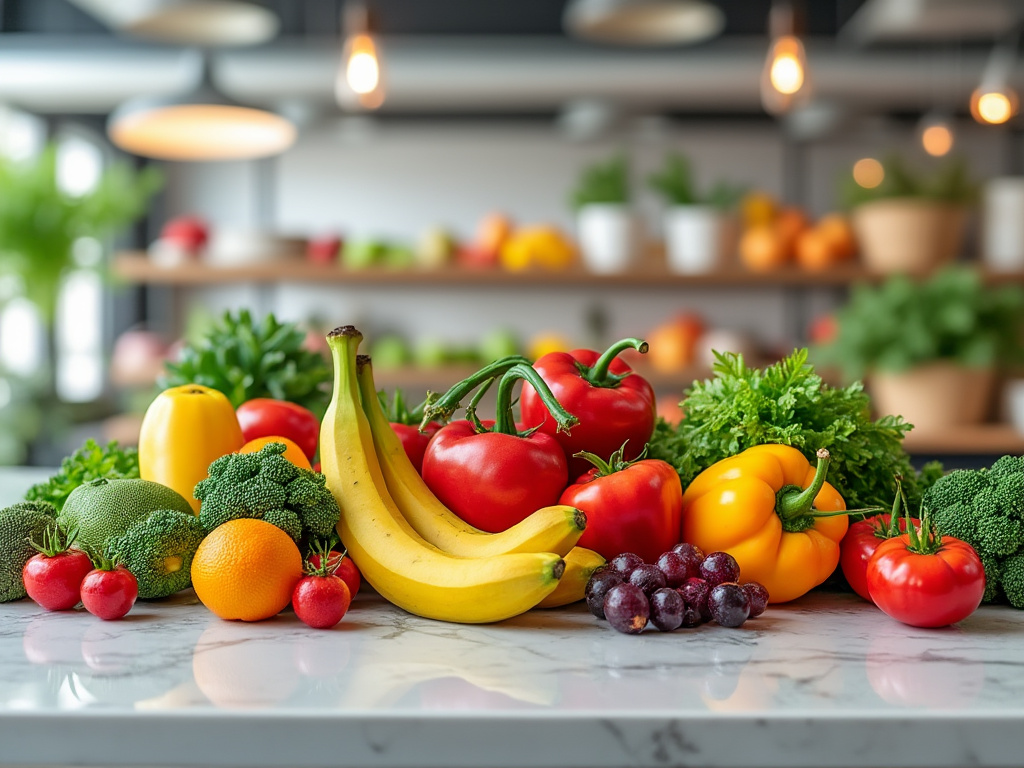 Assorted fresh fruits and vegetables including bananas, tomatoes, broccoli, peppers, and grapes on a kitchen counter with blurred background.