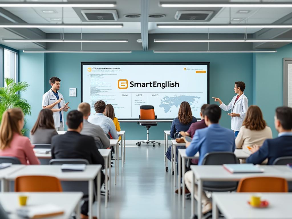 Presentación de SmartEnglish en un aula moderna con participantes atentos y dos presentadores frente a una pantalla grande.