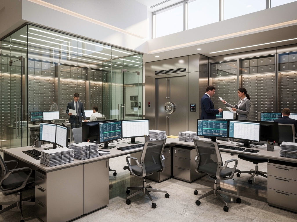 Modern bank vault office with safety deposit boxes, computer workstations, and financial professionals