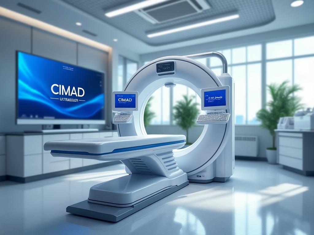 Imagen de una moderna máquina de tomografía computarizada en una sala de diagnóstico clínico, equipada con pantallas y teclado. Imagen de una moderna máquina de tomografía computarizada en una sala de diagnóstico clínico, equipada con pantallas y teclado.