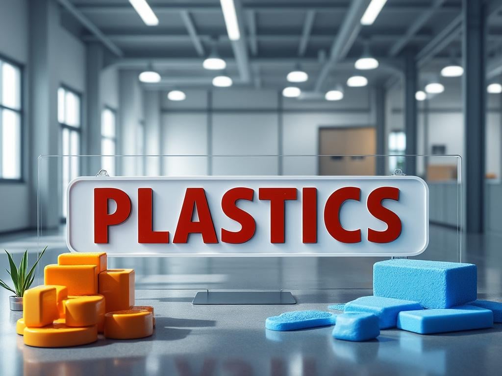 Cartel con la palabra 'PLASTICS' en letras rojas, rodeado de esponjas azules y bloques amarillos, en una sala iluminada.