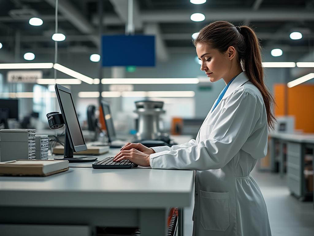 Científica trabajando en un laboratorio usando una computadora, con bata blanca y entorno moderno.