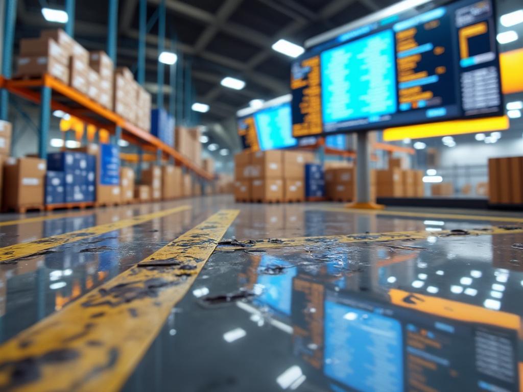 Interior de almacén con cajas apiladas y pantallas digitales en un piso industrial.