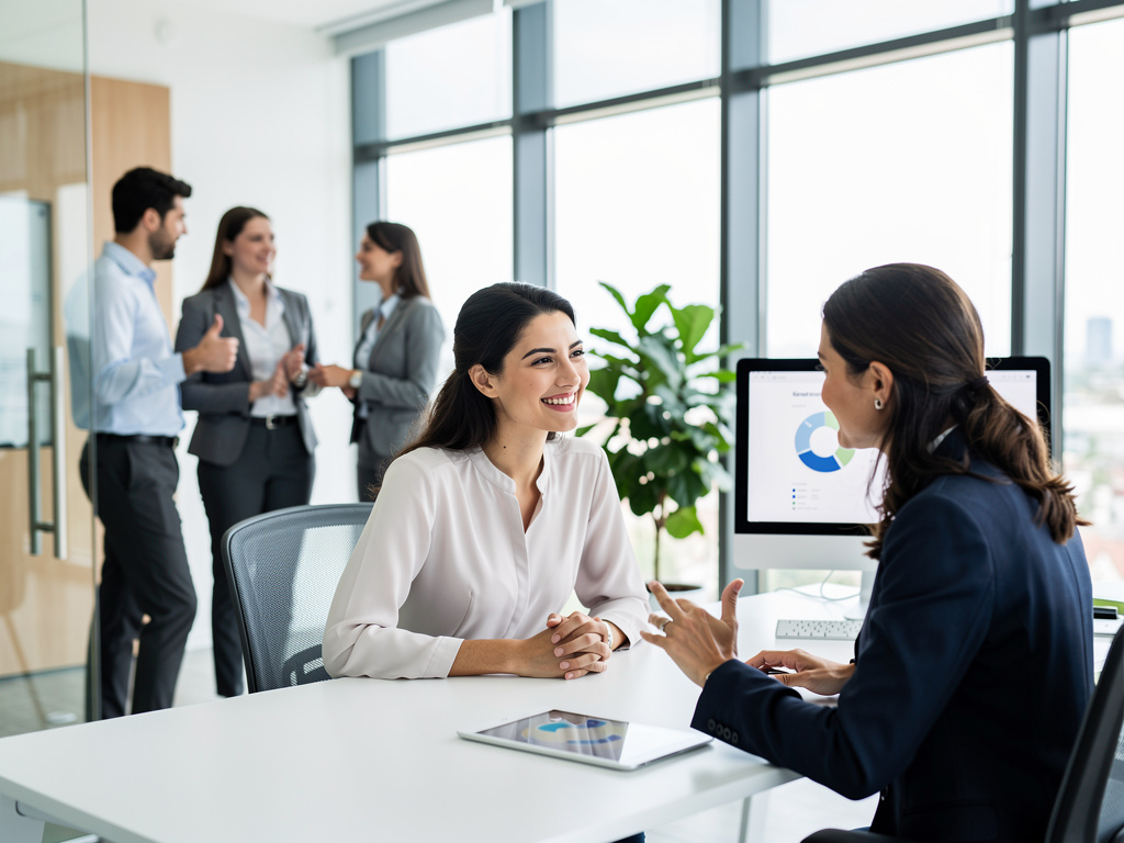 Reunión de negocios en oficina moderna con profesionales conversando y pantalla con gráficos