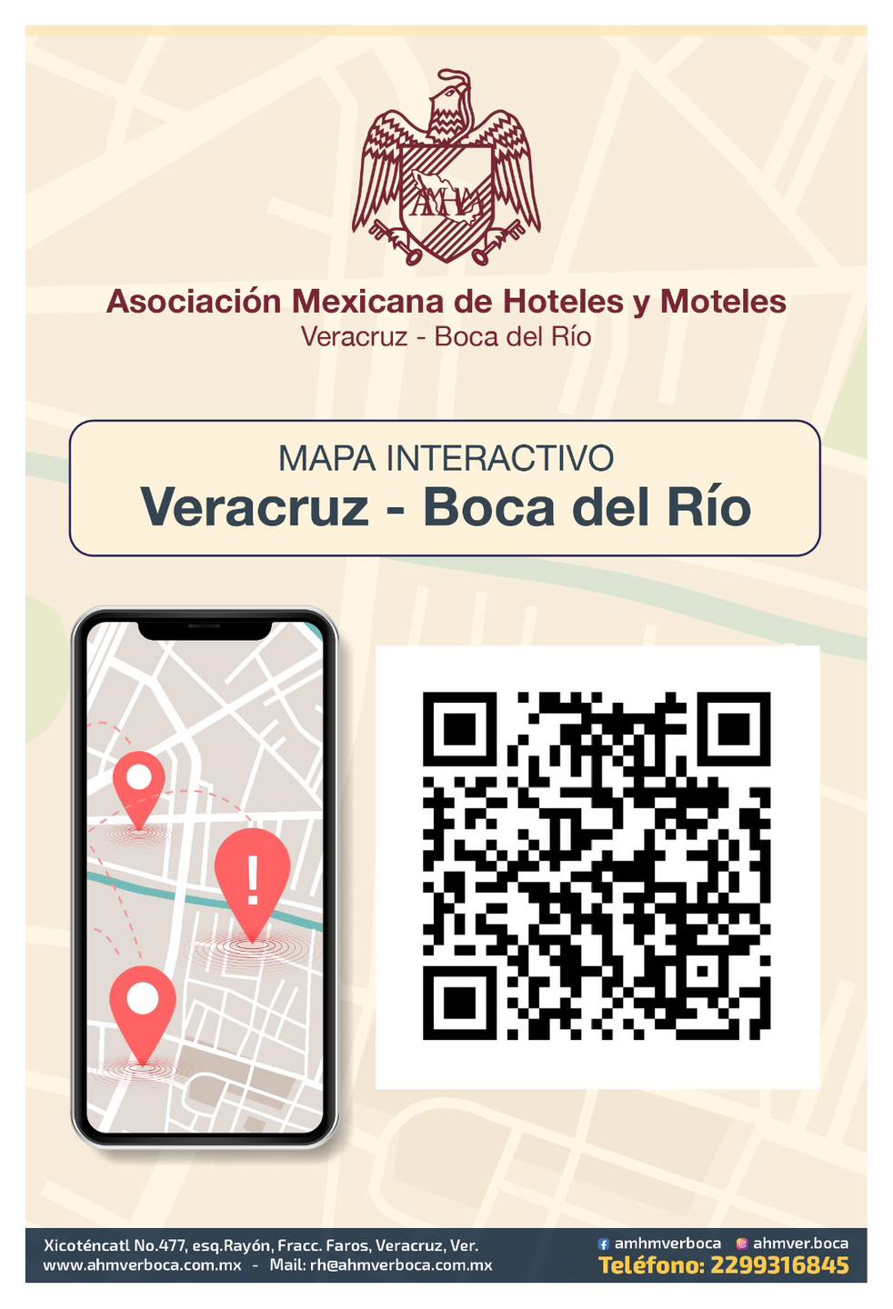 Folleto de la Asociación Mexicana de Hoteles y Moteles en Veracruz, Boca del Río, mostrando un mapa interactivo en un smartphone y un código QR, con información de contacto.