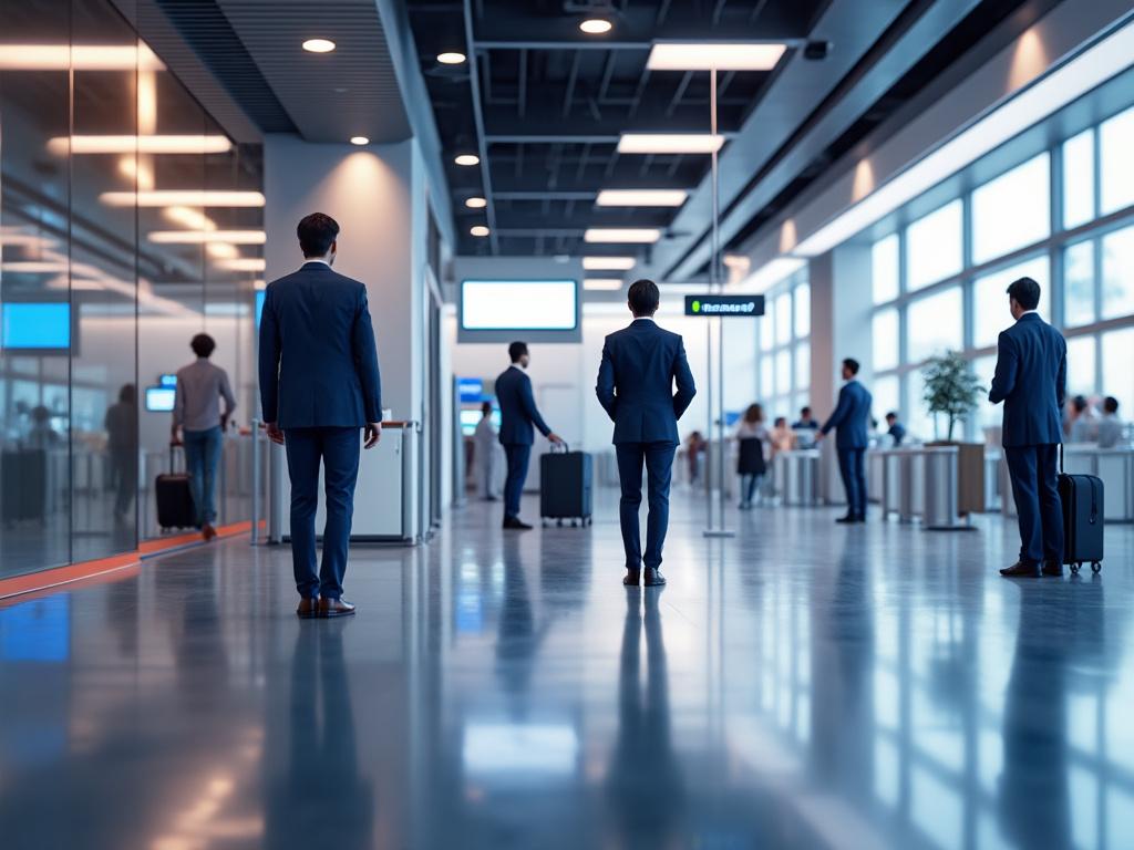 Personas en trajes caminando en un moderno pasillo de aeropuerto con maletas, junto a ventanales grandes y señales de vuelo.