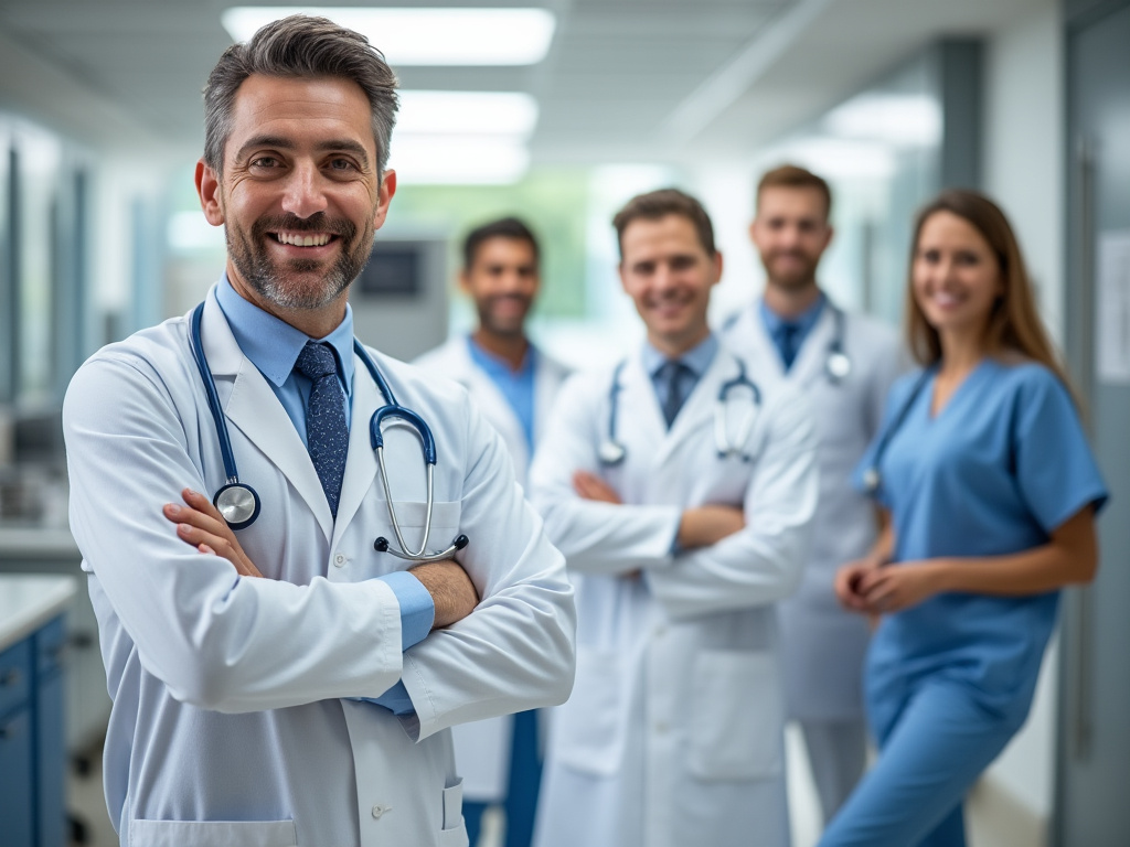 Equipo de médicos y enfermera sonriendo en hospital.