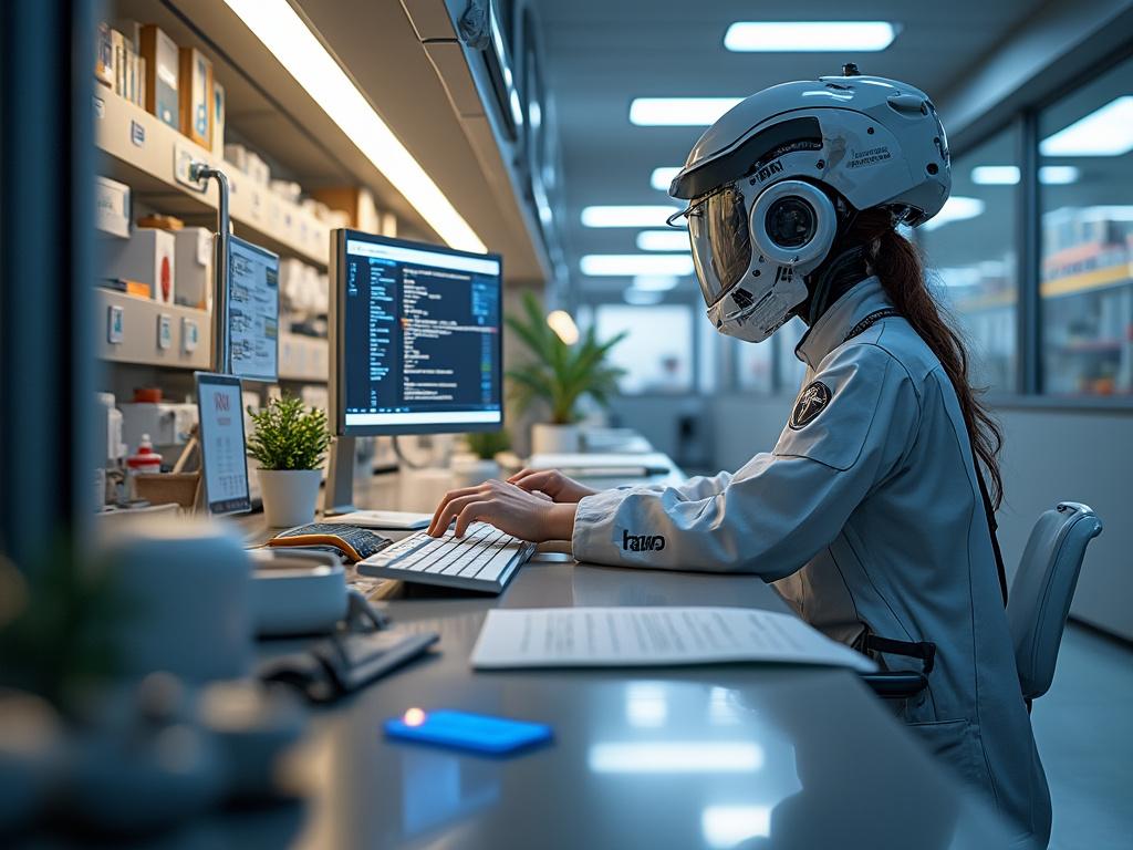 Person wearing a futuristic helmet working on a computer in a modern laboratory environment.
