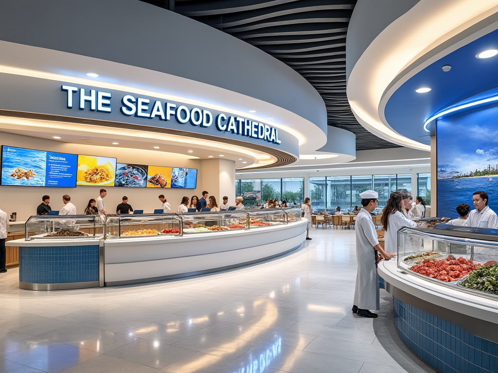 Interior de un mercado moderno de mariscos con mostradores curvados, personal vestido de blanco y clientes, bajo un letrero que dice 'The Seafood Cathedral'.