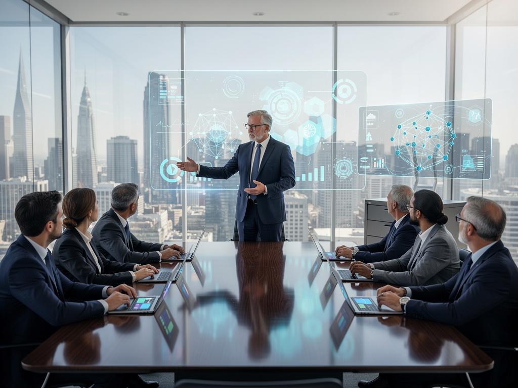 Business executive presenting AI data analytics dashboard to corporate team in modern conference room with city skyline Business executive presenting AI data analytics dashboard to corporate team in modern conference room with city skyline