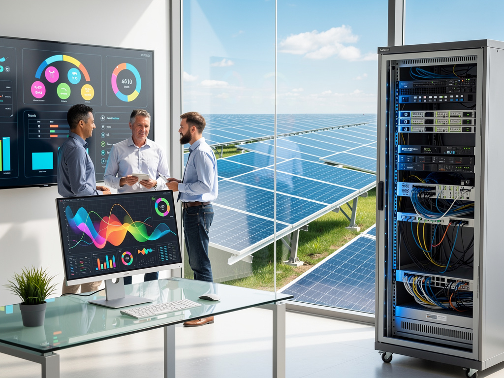 Ingenieros monitoreando datos de energía solar en oficina con paneles solares y servidor de red
