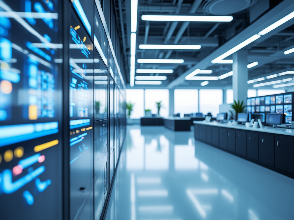 Centro de datos moderno con servidores, pantallas digitales azules y estaciones de trabajo en oficina tecnológica iluminada