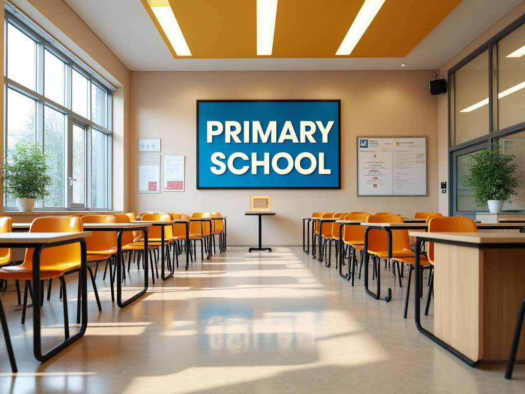 Aula de escuela primaria moderna con mesas y sillas naranjas, plantas y carteles en la pared.