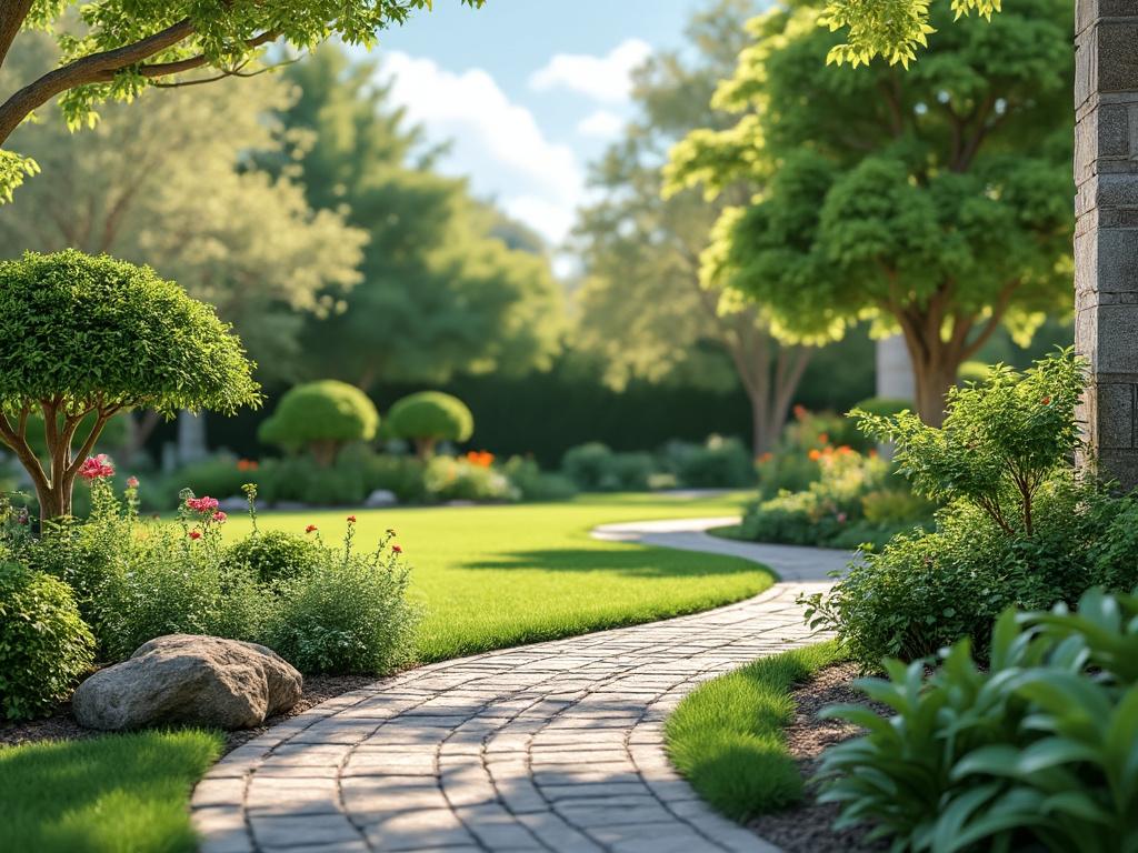 Jardín bien cuidado con sendero pavimentado rodeado de árboles y arbustos.