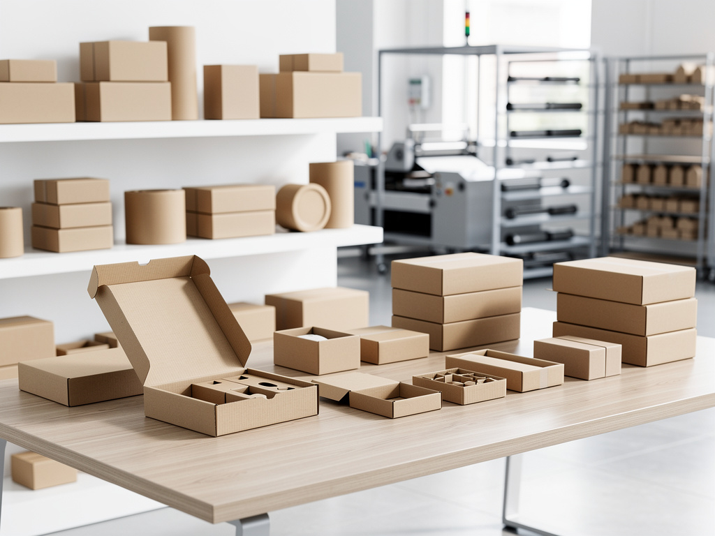 Cajas de cartón para embalaje en taller de producción y empaquetado