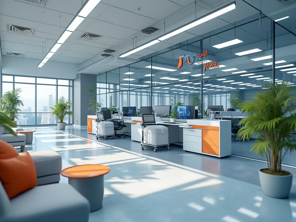 Moderna oficina con ventanas de vidrio, escritorios blancos y anaranjados, sillas ergonómicas y plantas decorativas.