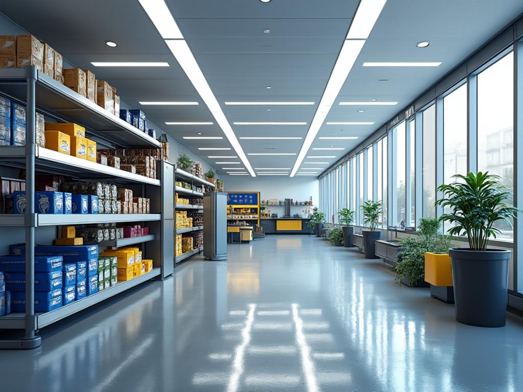Interior moderno de supermercado con estanterías llenas de productos y plantas en macetas grandes, iluminado por grandes ventanales.