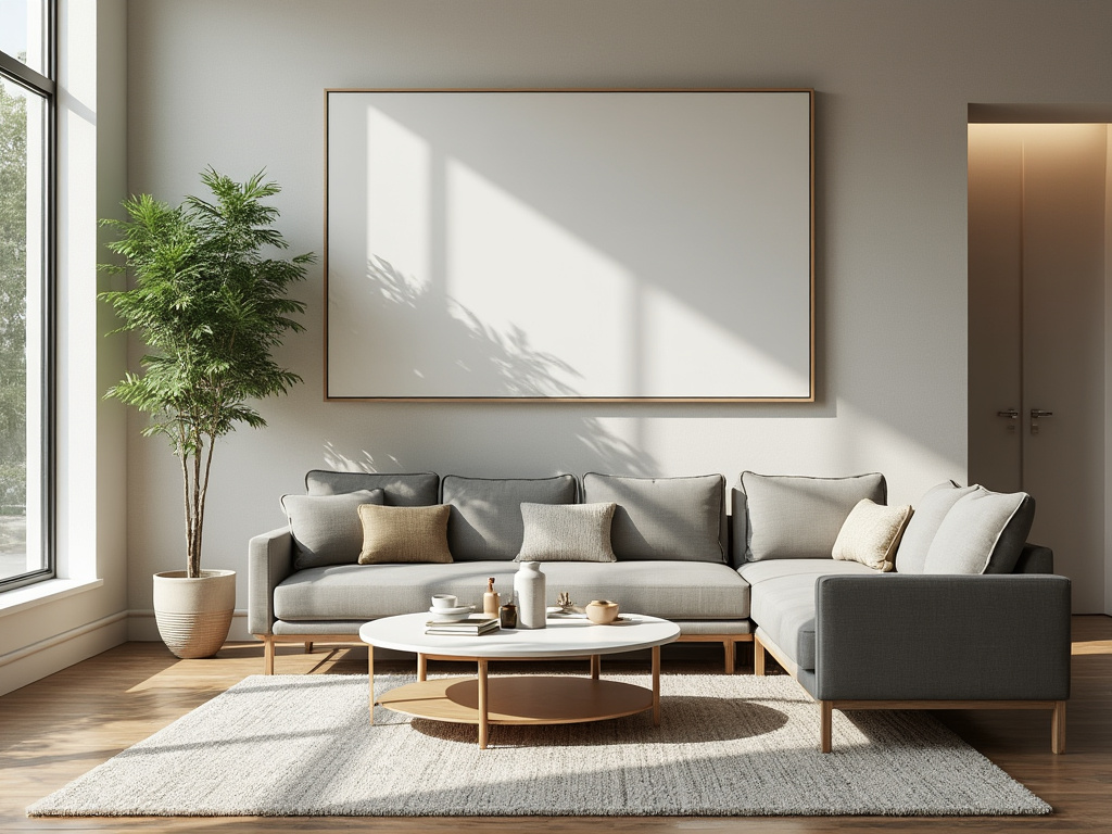 Sala de estar moderna con sofá gris, mesa de centro blanca y planta decorativa junto a una gran ventana.