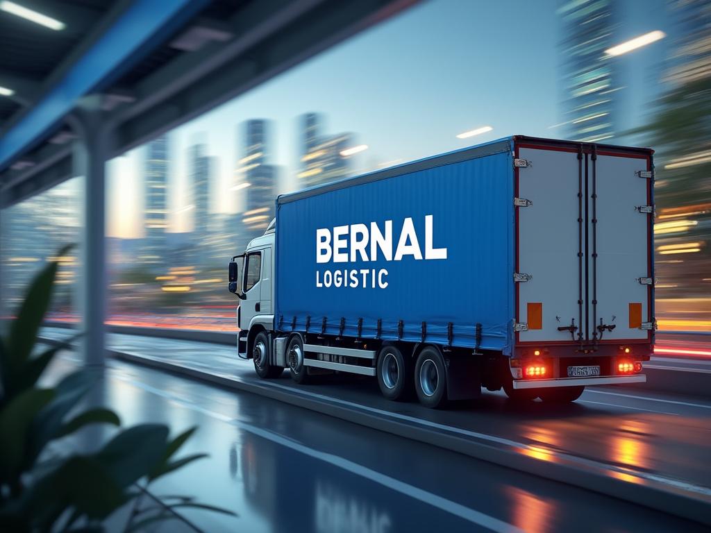 Camión de carga de Bernal Logistic circulando por una carretera urbana por la noche, con luces de la ciudad al fondo.
