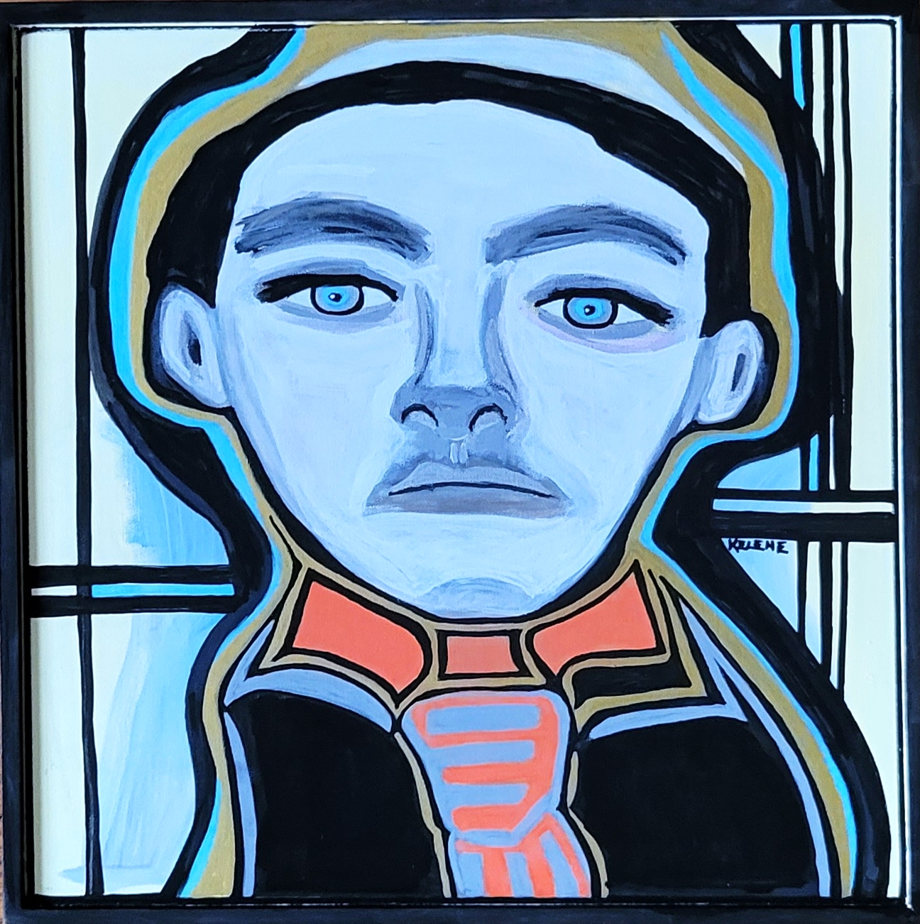 Title Man out of Time. 12  x 12. Acrylic on wood. Artwork copyrighted. $75.00