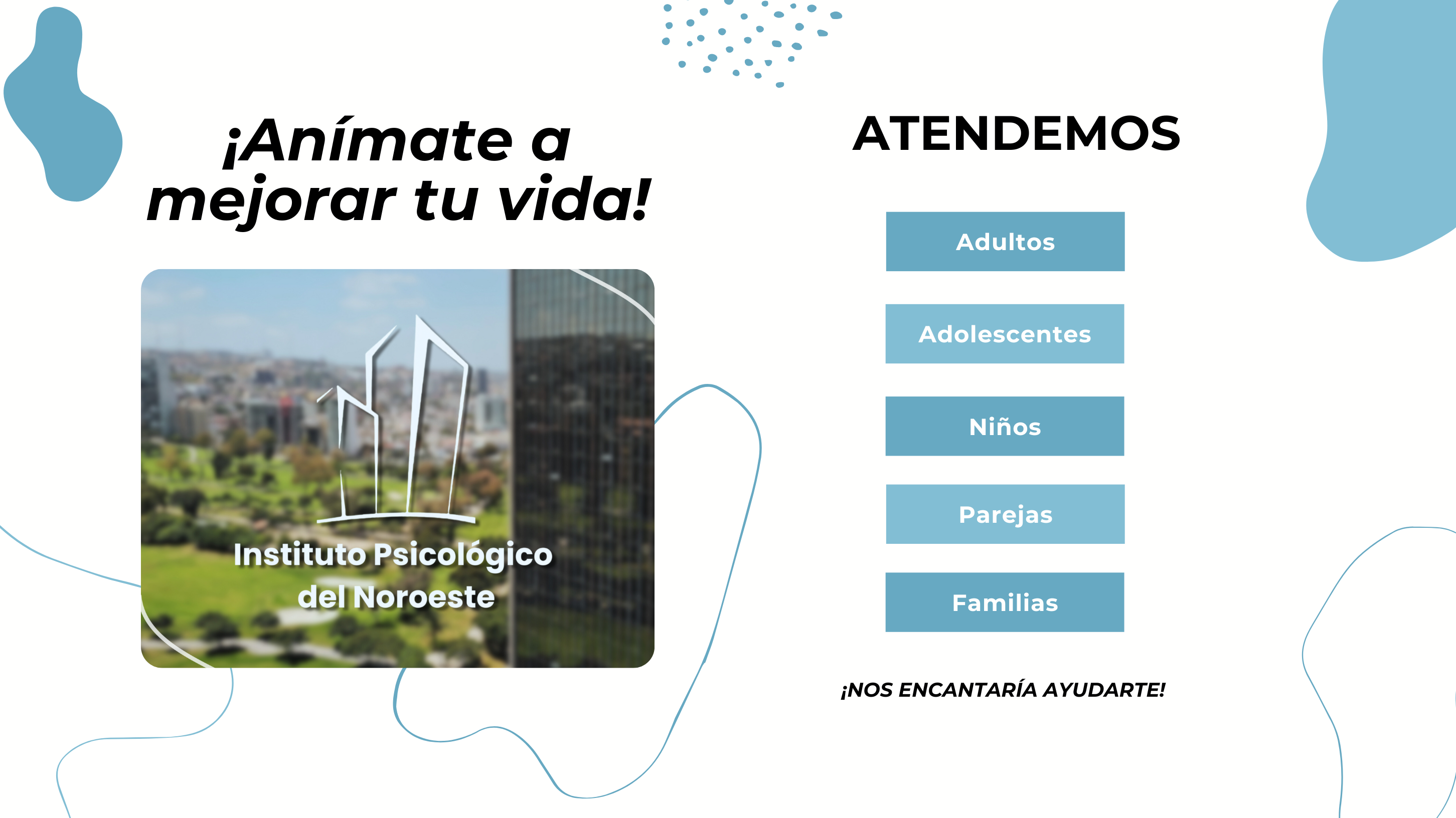Folleto del Instituto Psicológico del Noroeste con servicios para adultos, adolescentes, niños, parejas y familias.