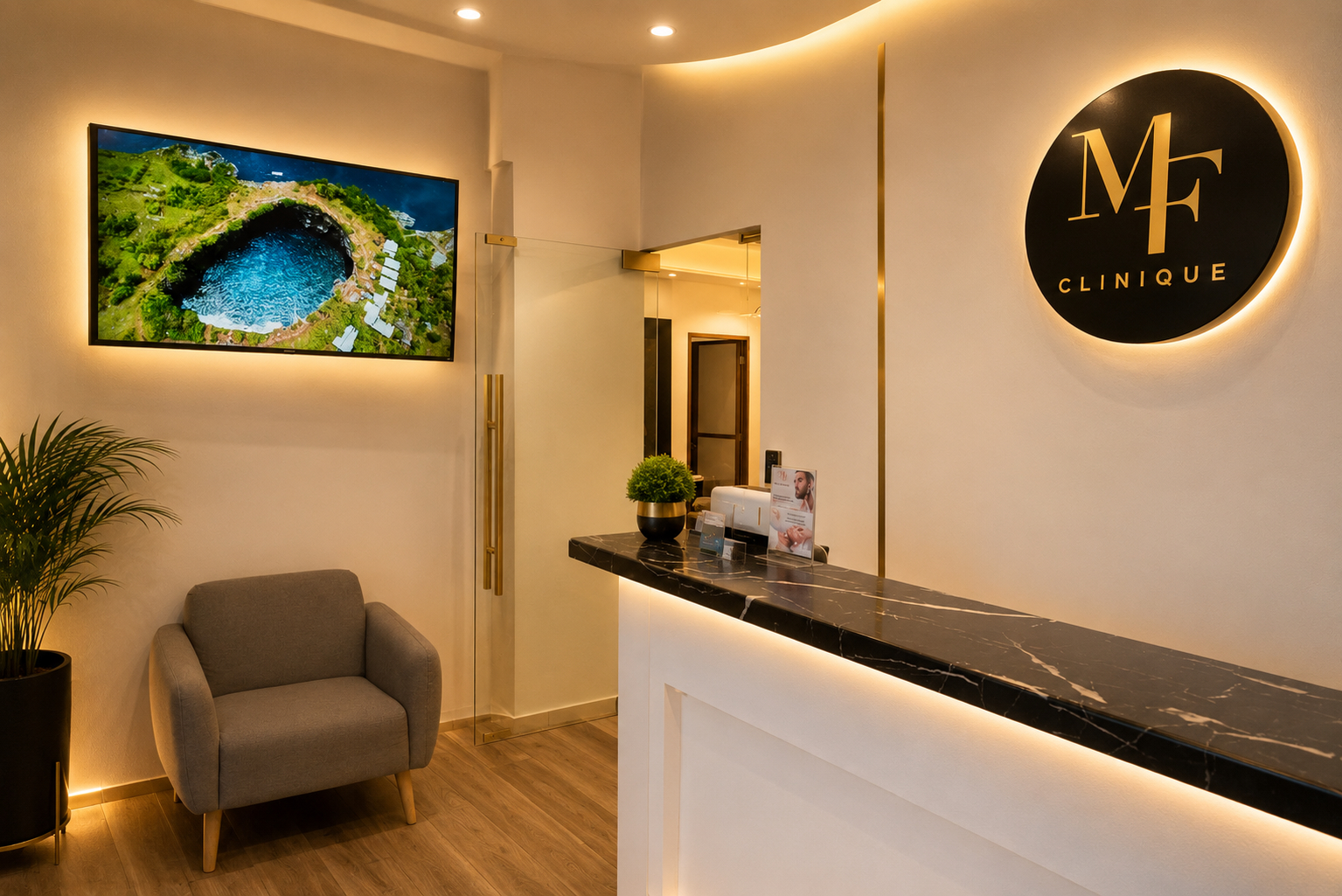 Sala de spa moderna con camilla de masaje, toallas, velas y vista panorámica de la ciudad