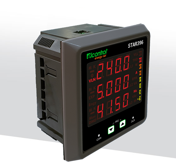 Medidor de energía eléctrica STAR396 con pantalla digital y botones de control.
