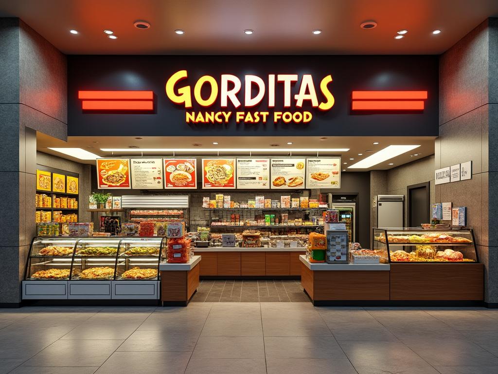 Fachada de restaurante de comida rápida con letrero de 'Gorditas Nancy Fast Food', mostrando vitrinas con productos y menú iluminado.