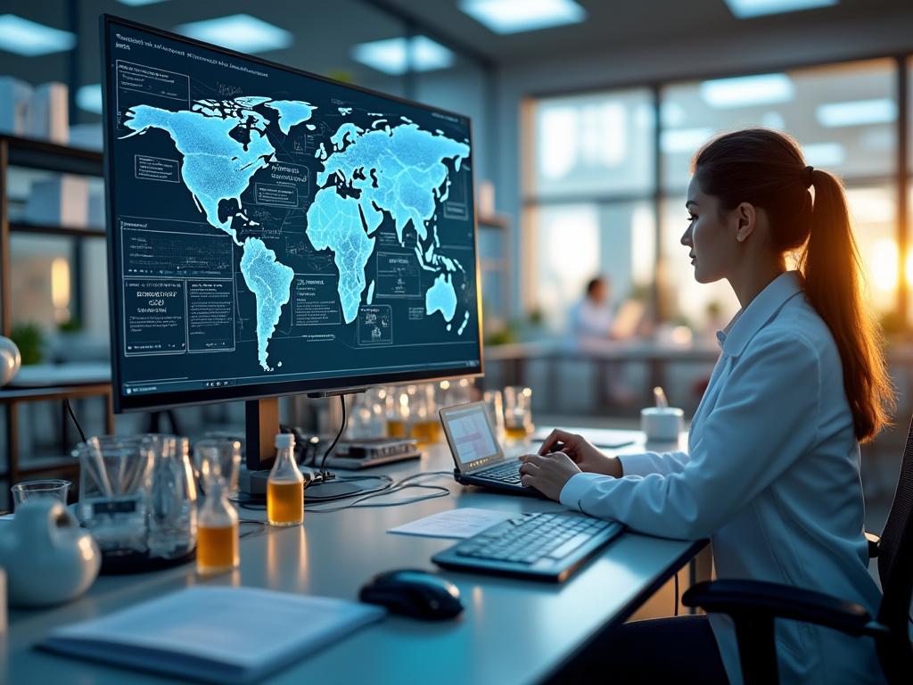 Científica trabajando en una oficina moderna, analizando un mapa mundial digital en una pantalla grande.