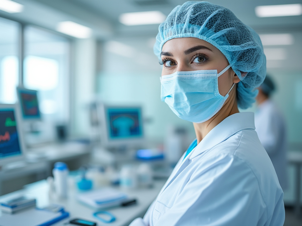 Médica con mascarilla y gorro quirúrgico en un hospital, rodeada de equipos médicos.
