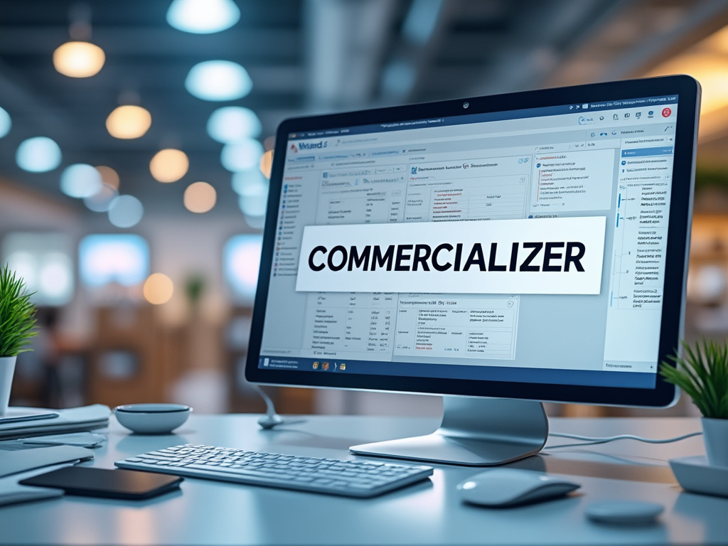 Pantalla de computadora con el texto 'Commercializer', en un entorno de oficina moderna.