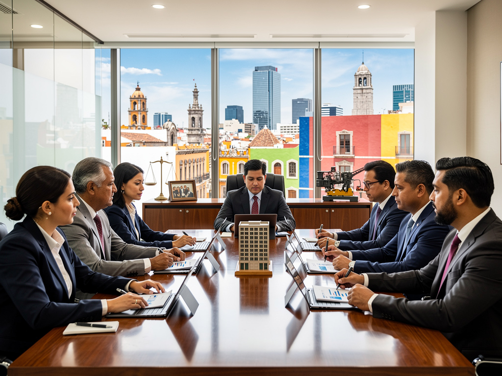 Reunión ejecutiva de bienes raíces en sala de juntas con maqueta de edificio y vista panorámica de ciudad mexicana