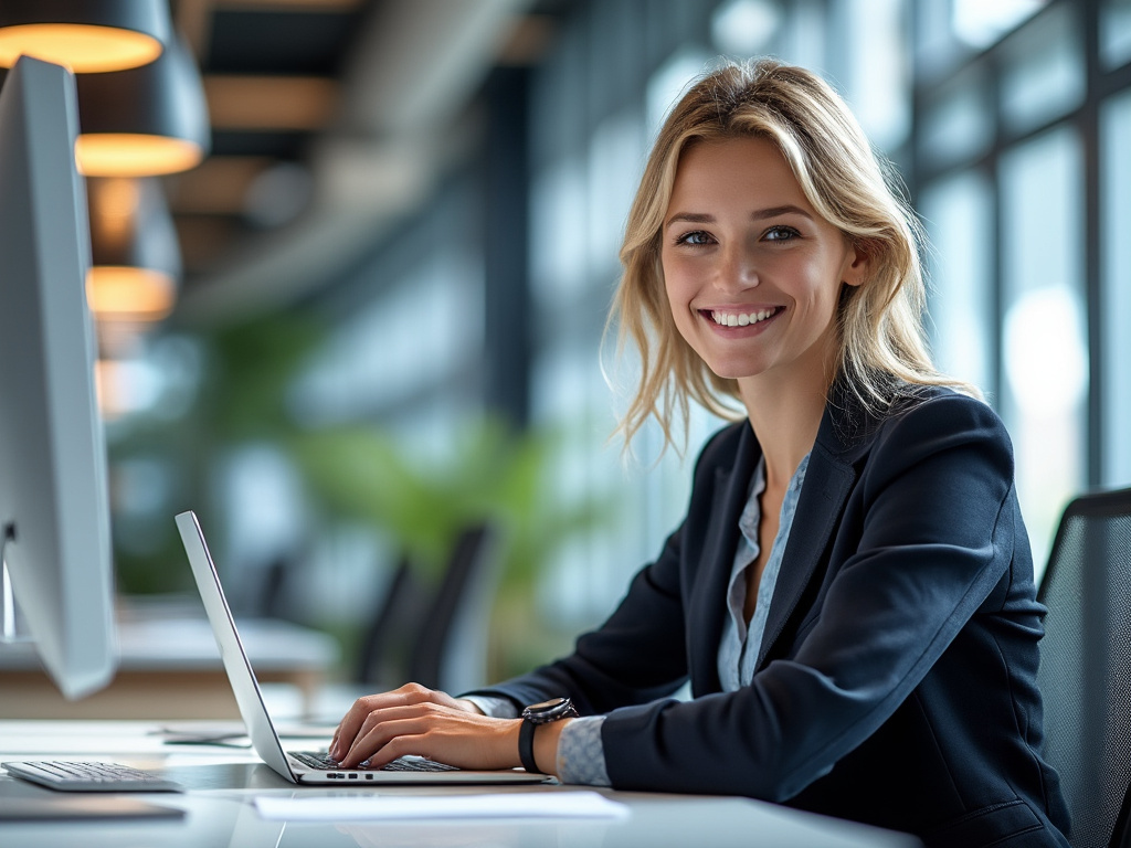 Mujer profesional sonriendo mientras trabaja con laptop en oficina moderna con ventanales