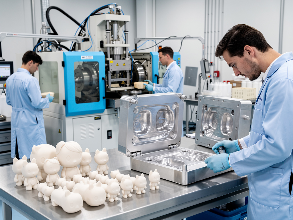Técnicos en laboratorio industrial inspeccionan molde metálico y figuras de plástico fabricadas con máquina de moldeo por inyección