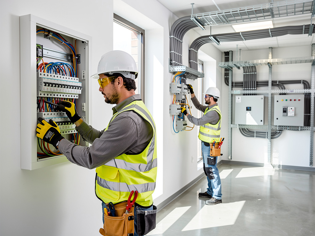 Electricistas con casco y chaleco de seguridad revisan paneles eléctricos y cableado en una sala técnica industrial