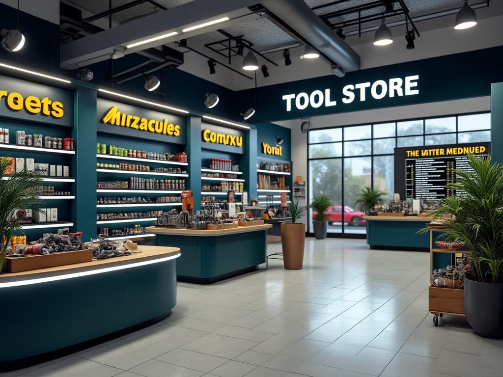 Interior de una tienda de herramientas moderna con estantes llenos de productos, plantas decorativas y ventanas grandes.