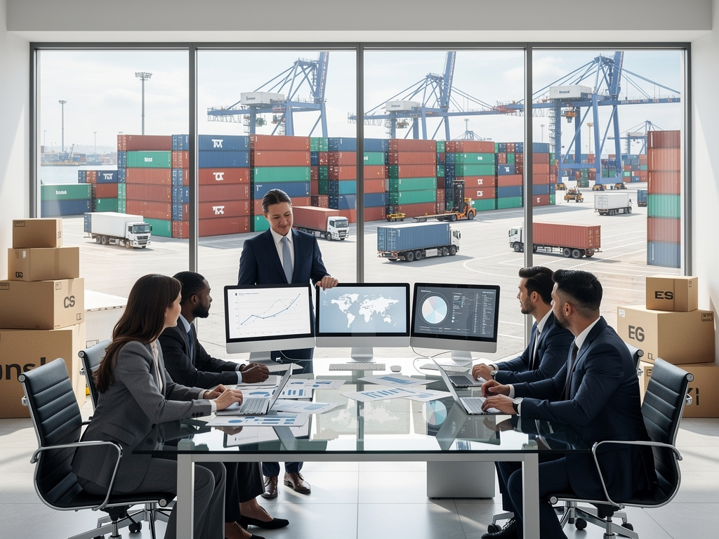Equipo de logística en reunión analizando datos de transporte frente a puerto de contenedores con grúas y camiones Equipo de logística en reunión analizando datos de transporte frente a puerto de contenedores con grúas y camiones
