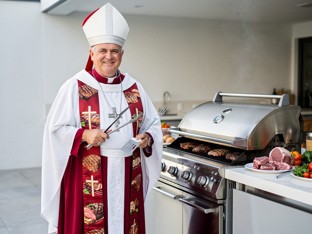 Obispo con vestimenta religiosa sosteniendo utensilios de barbacoa junto a una parrilla con carne asada