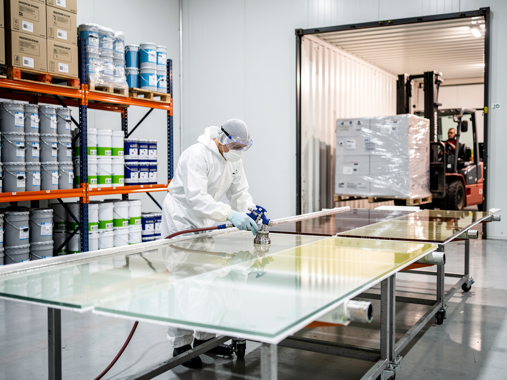 Técnico con traje de protección aplicando recubrimiento a paneles de vidrio en almacén industrial con estanterías y montacargas