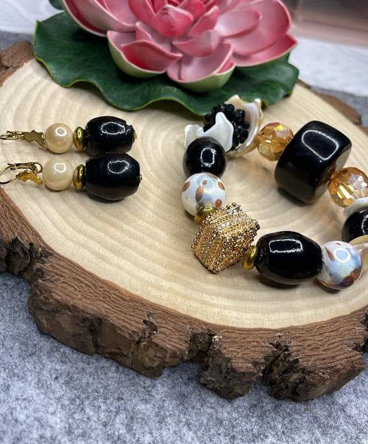 Black, white, and gold accessories