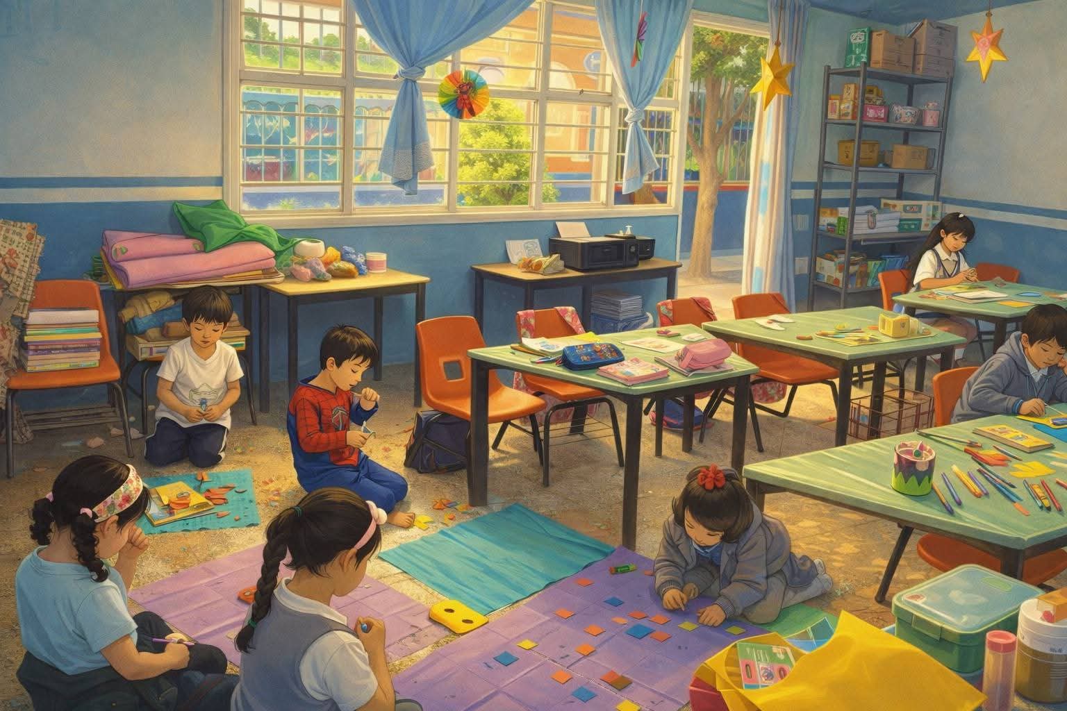 Profesora enseñando a niños en un aula luminosa mientras realizan actividades escolares en mesas
